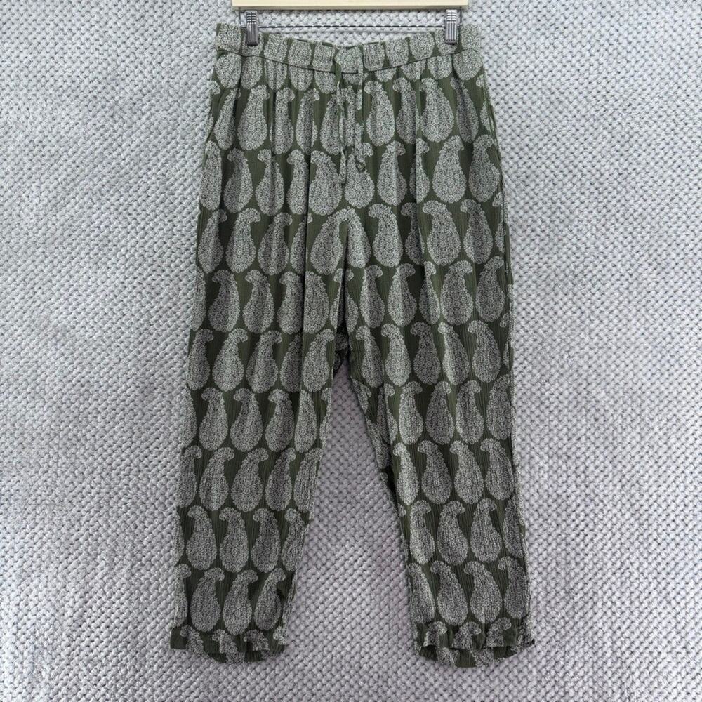 Boden Pants Womens US12 Olive Green Paisley Print Pull-On Cropped Viscose Boho